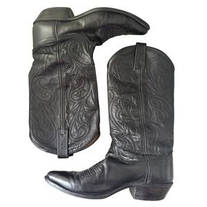 Vintage Dan Post Black Leather Western Cowboy Boots Pointed Toe Made in USA 6M